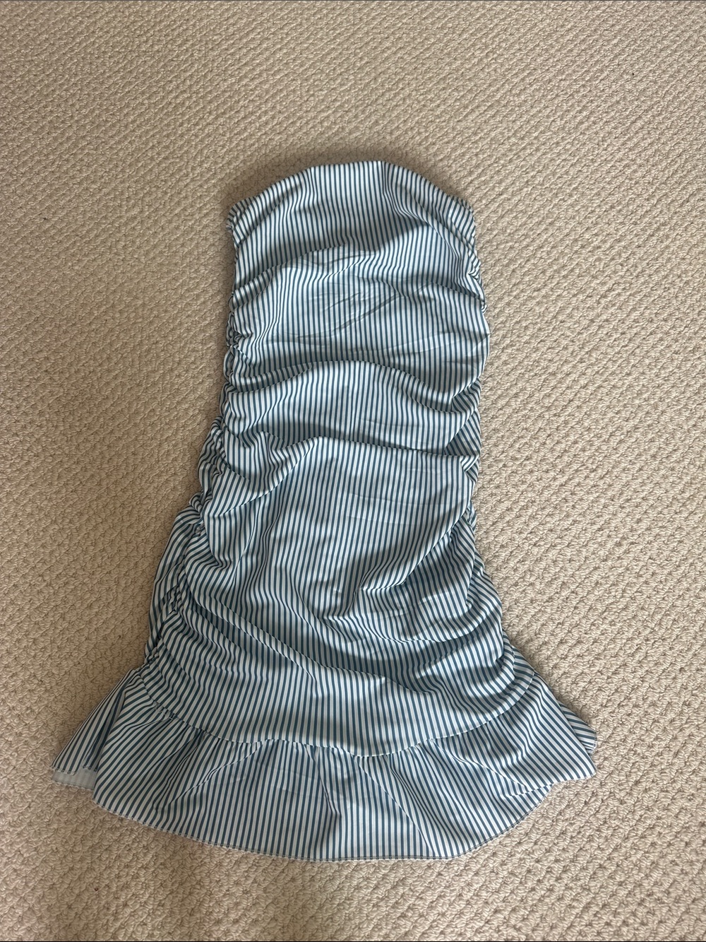 Edikted Strapless Blue and White Pinstripe Ruched Dress
